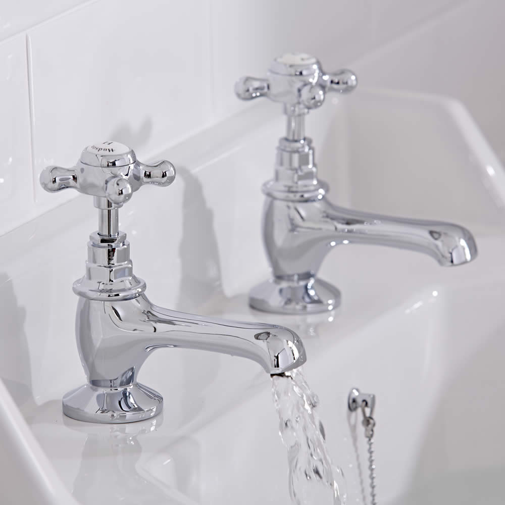 Hudson Reed Elizabeth - Traditional Crosshead Deck Mounted Basin Pillar Taps - Chrome and White