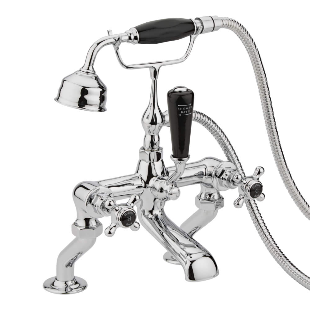 Hudson Reed Topaz Traditional Deck Mounted Shower Kit Black/Chrome Hexagonal Collars
