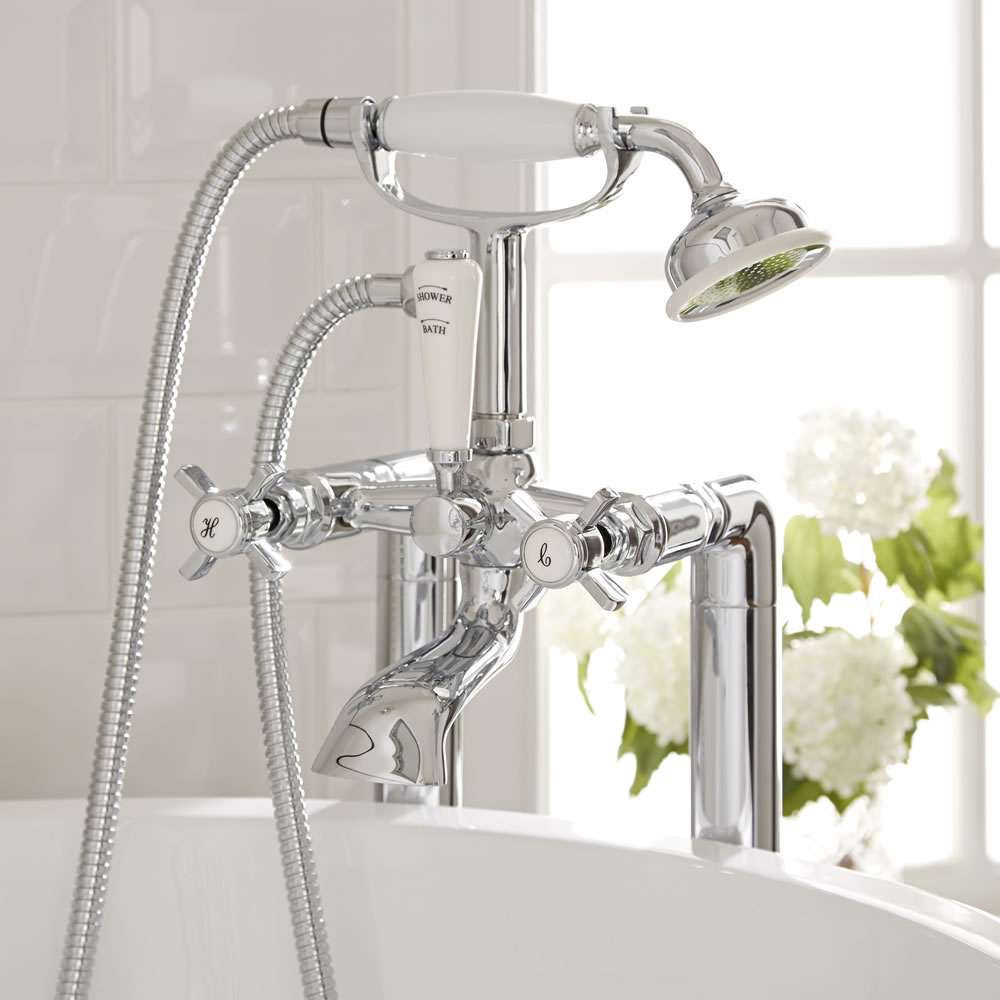 Milano Select - Traditional Crosshead Floor Standing Bath Shower Mixer Tap including Hand Shower - Chrome and White