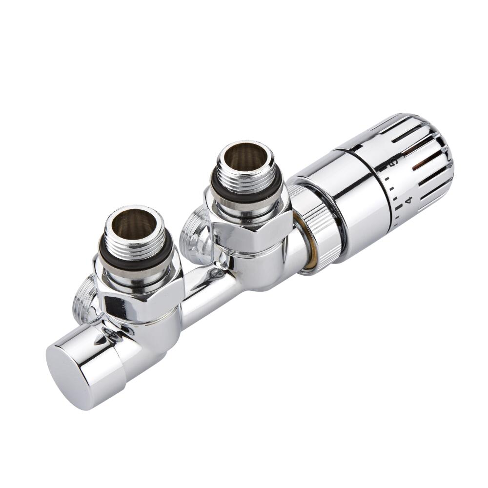 Milano - Chrome Thermostatic H-Block Angled Radiator Valves - 15mm Copper Euro Cone Adapters