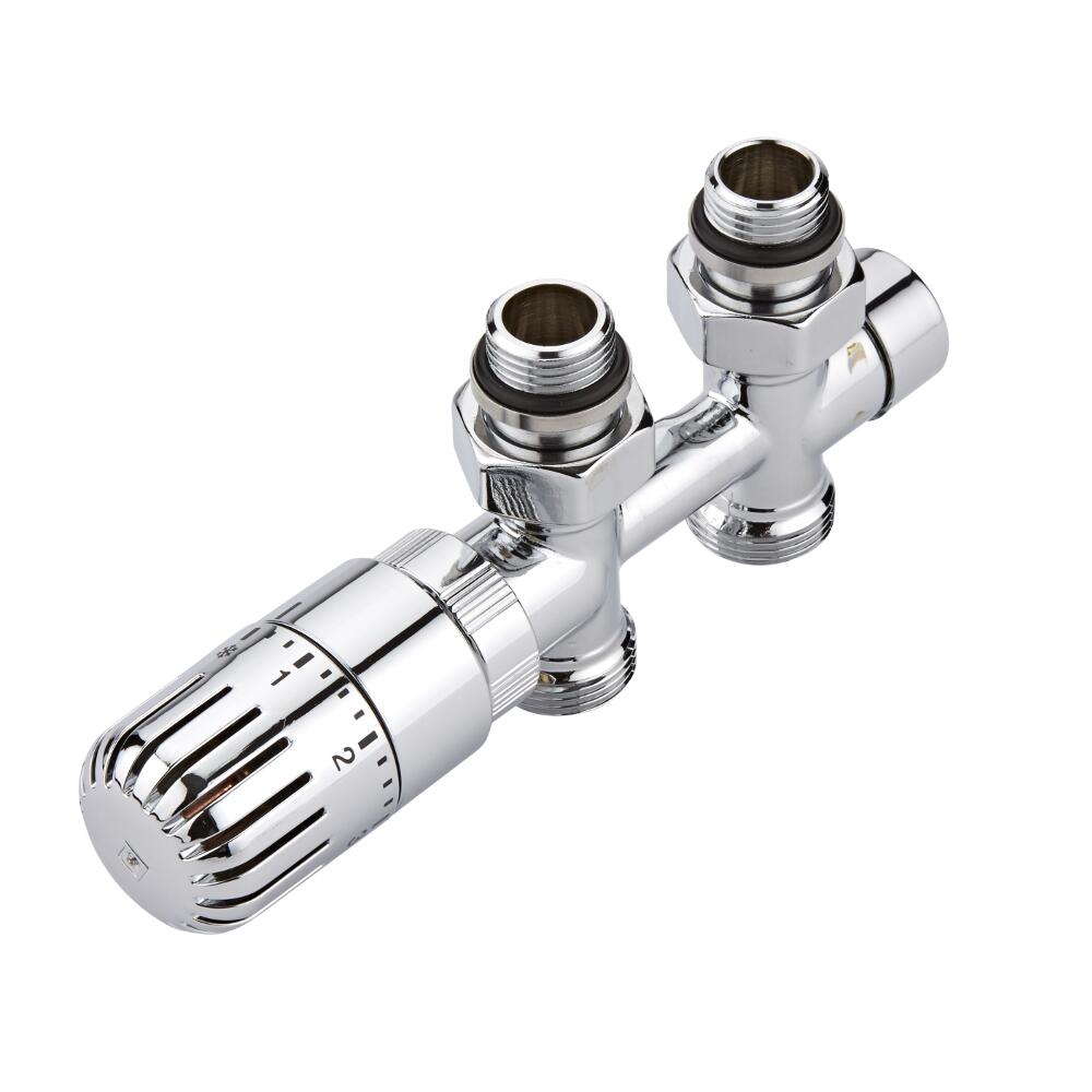 Milano - Chrome Thermostatic H-Block Straight Radiator Valves - 12mm Copper Euro Cone Adapters