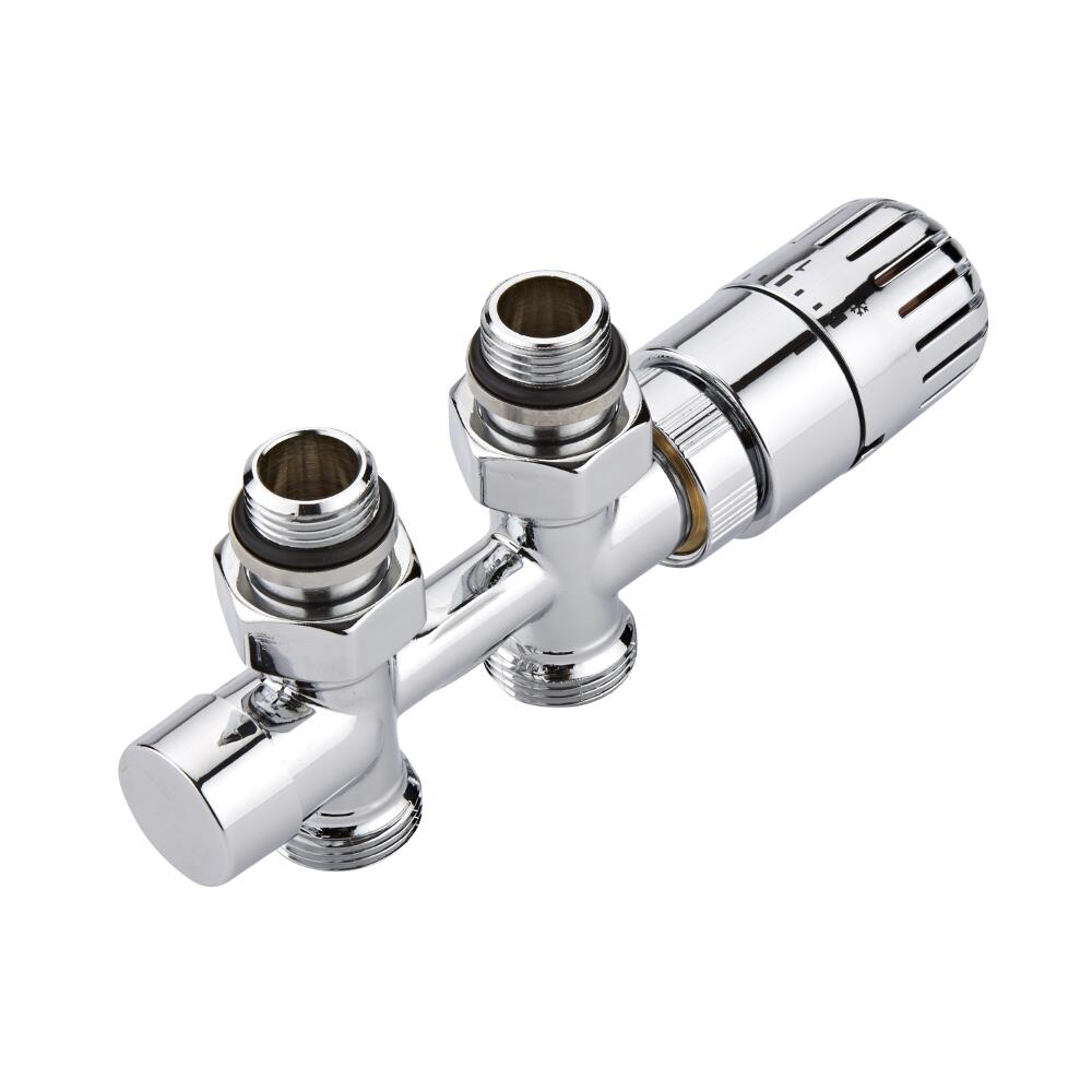 Milano - Chrome Thermostatic H-Block Straight Radiator Valves - 15mm Copper Euro Cone Adapters