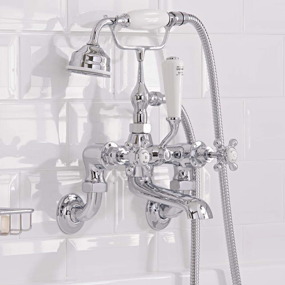 Hudson Reed Topaz White Crosshead Wall Mounted Bath Shower Mixer with Shower Kit
