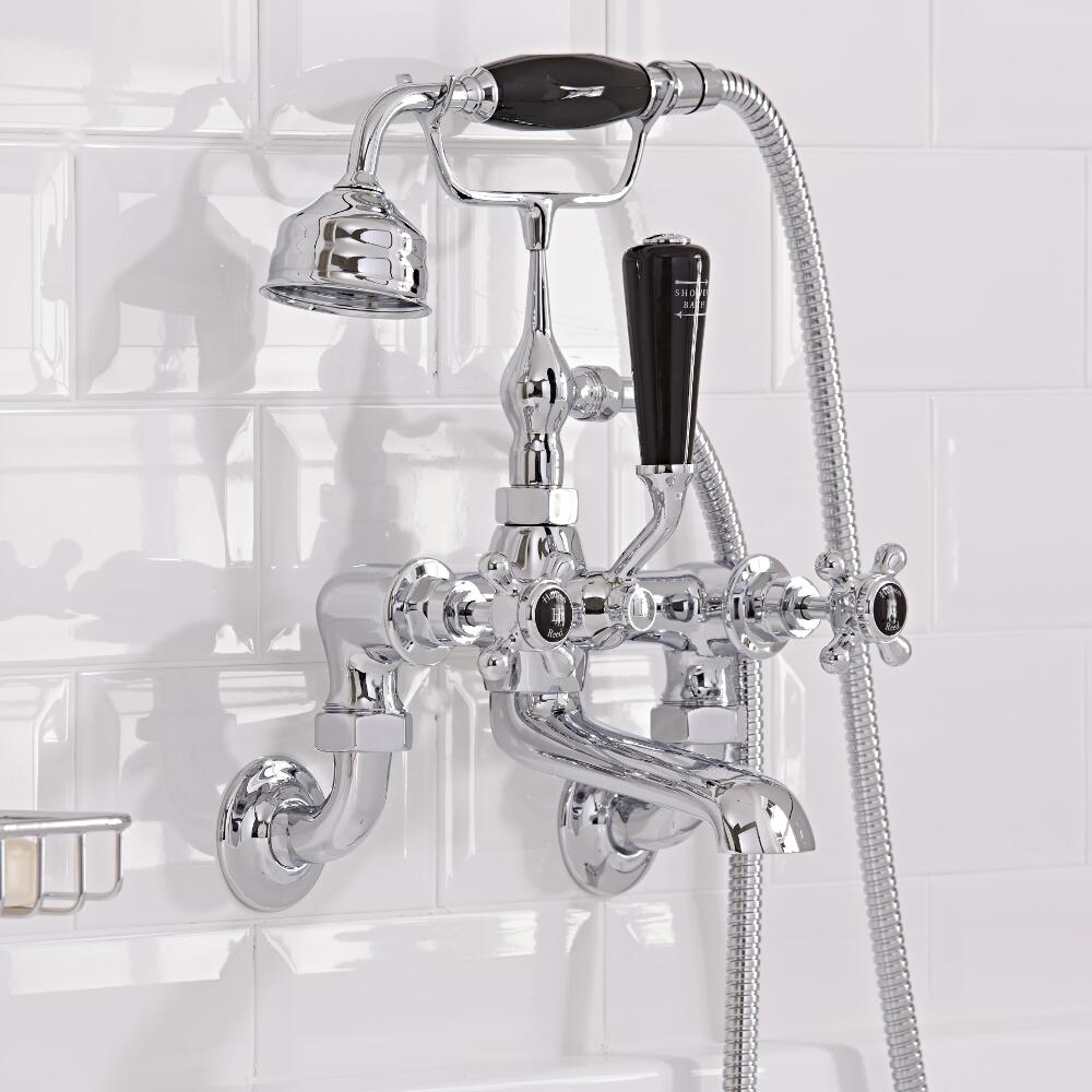 Hudson Reed Topaz Black Crosshead Wall Mounted Bath Shower Mixer with Shower Kit