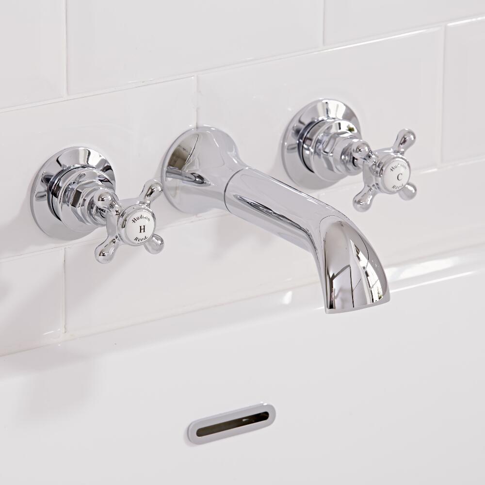 Hudson Reed Topaz Wall Mounted Bath Spout and Stop Taps Hexagonal Collars