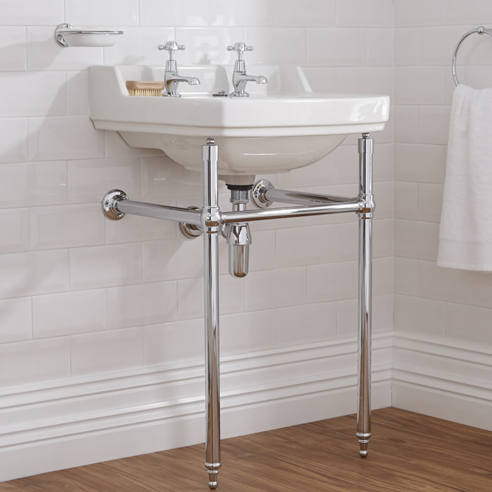 Milano Carlton - White Traditional Square Basin and Washstand - 500mm x 350mm (2 Tap-Holes)