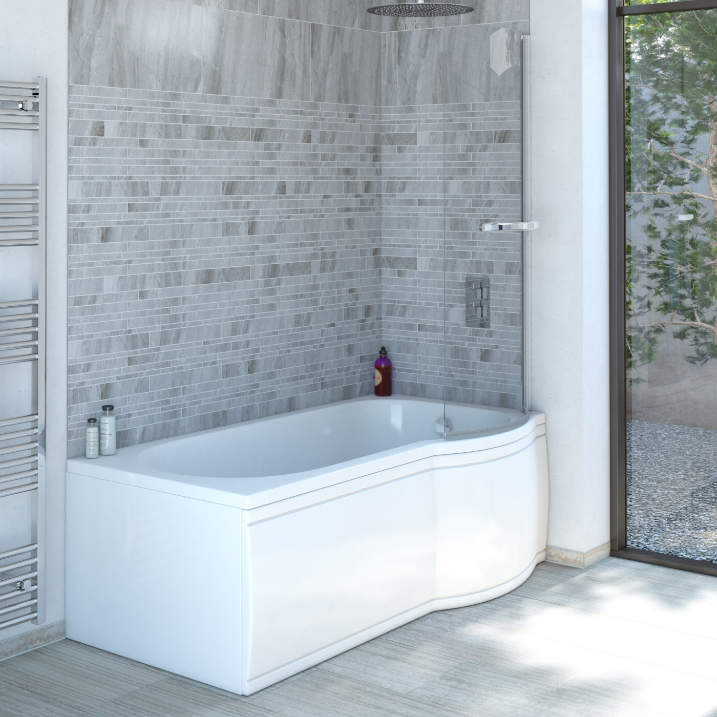 Milano Concept - 1675 x 850mm P Shape Shower Bath with Panels - Right Hand