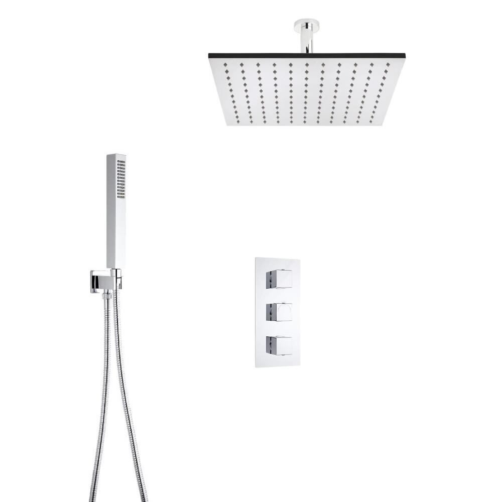 Milano Square Triple Thermostatic Shower Valve With 400mm Shower Head, Ceiling Arm and Hand Shower