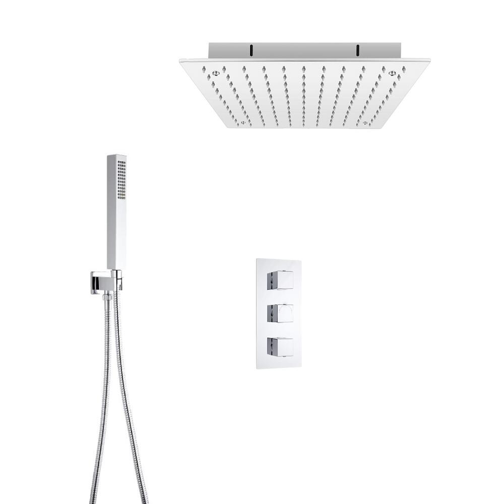 Milano Square Triple Thermostatic Valve, 400mm Recessed Shower Head and Hand Shower