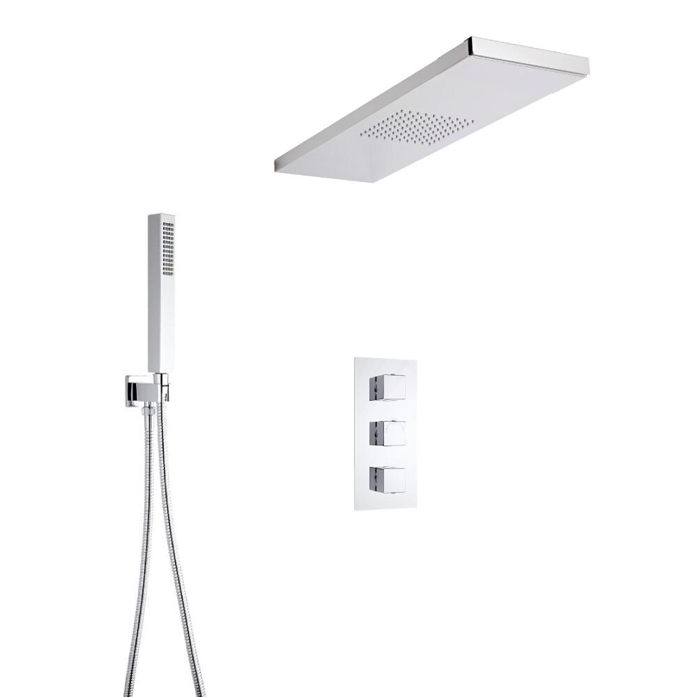Milano Square Triple Thermostatic Shower Valve With Glass Grabbing Shower Head and Hand Shower