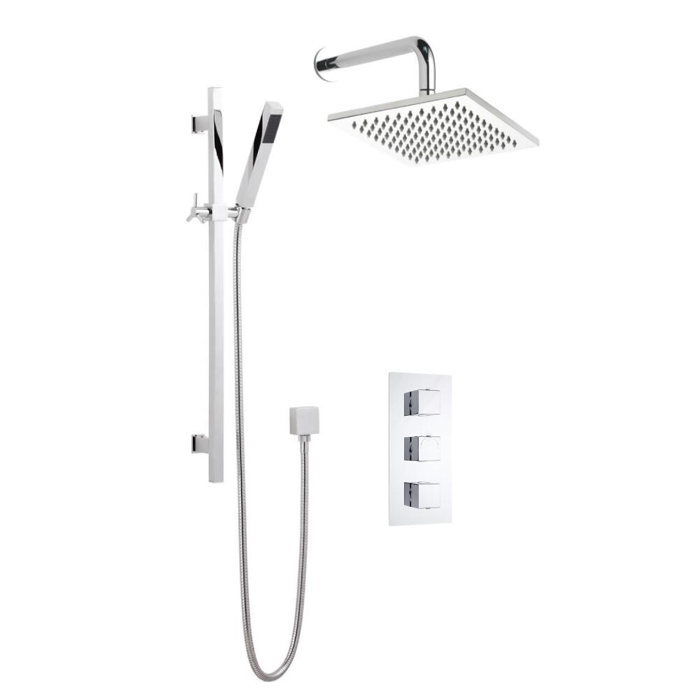 Milano Square Triple Thermostatic Shower Valve With 200mm Shower Head, Wall Arm and Slide Rail