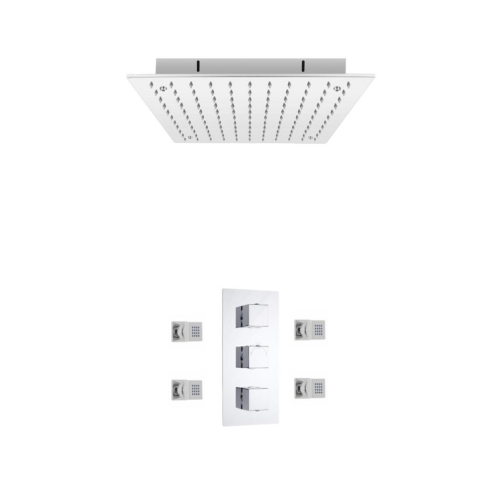 Milano Square Triple Thermostatic Valve With 400mm Recessed Shower Head and Body Jets