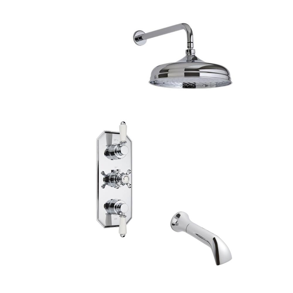 Milano Traditional Triple Thermostatic Valve with 150mm Head, Wall Arm and Spout