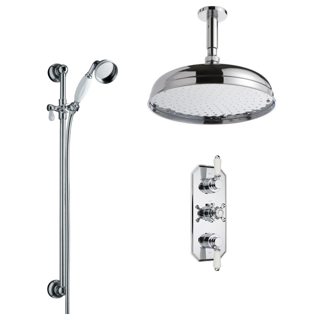 Milano Traditional Triple Thermostatic Valve, 300mm Head, Ceiling Arm, Slide Rail and Spout