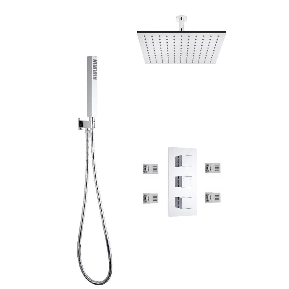 Milano Square Triple Diverter Thermostatic Valve, 400mm Head, Ceiling Arm, Handset and Body Jets