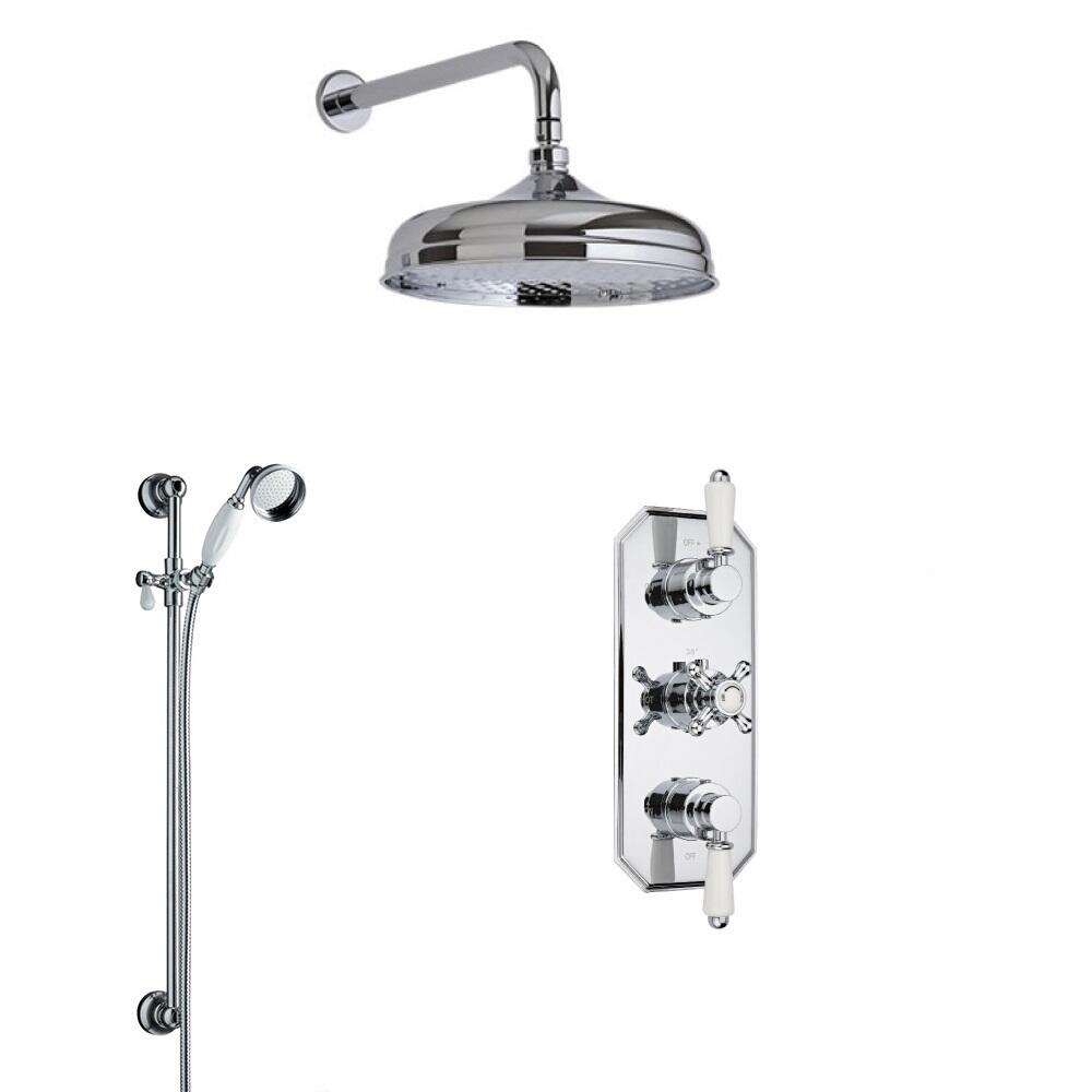 Milano Traditional Triple Diverter Thermostatic Valve, 200mm Apron Head, Arm, Slide Rail and Spout