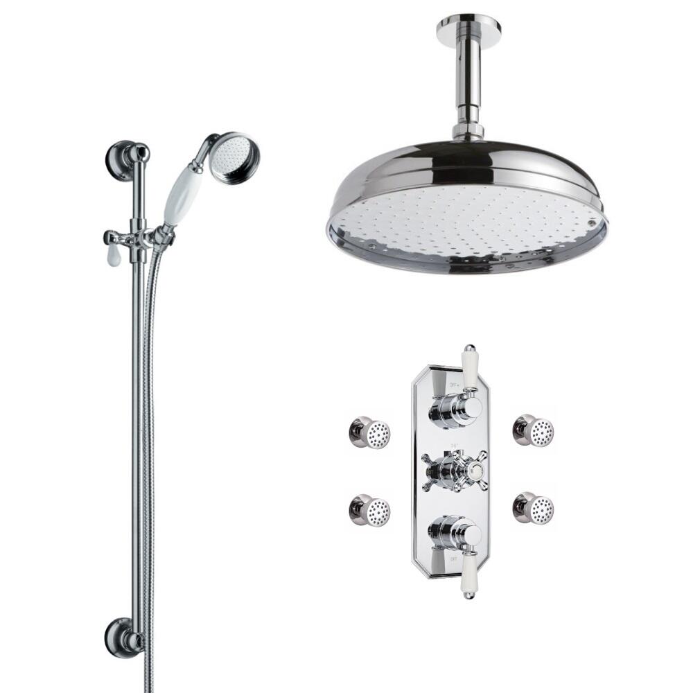 Milano Traditional Triple Thermostatic Valve, 300mm Head, Ceiling Arm, Slide Rail, Body Jets