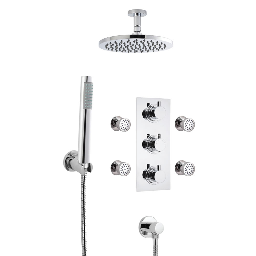 Milano Round Thermostatic Shower with Ceiling Mounted Head, Hand Shower and Body Jets
