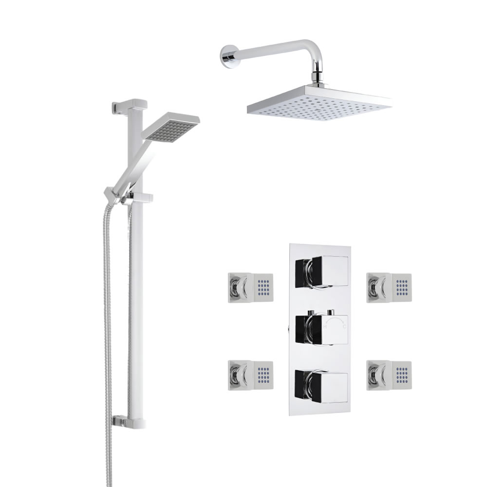 Milano Square Thermostatic Shower with Wall Mounted Head, Slide Rail Kit and Body Jets