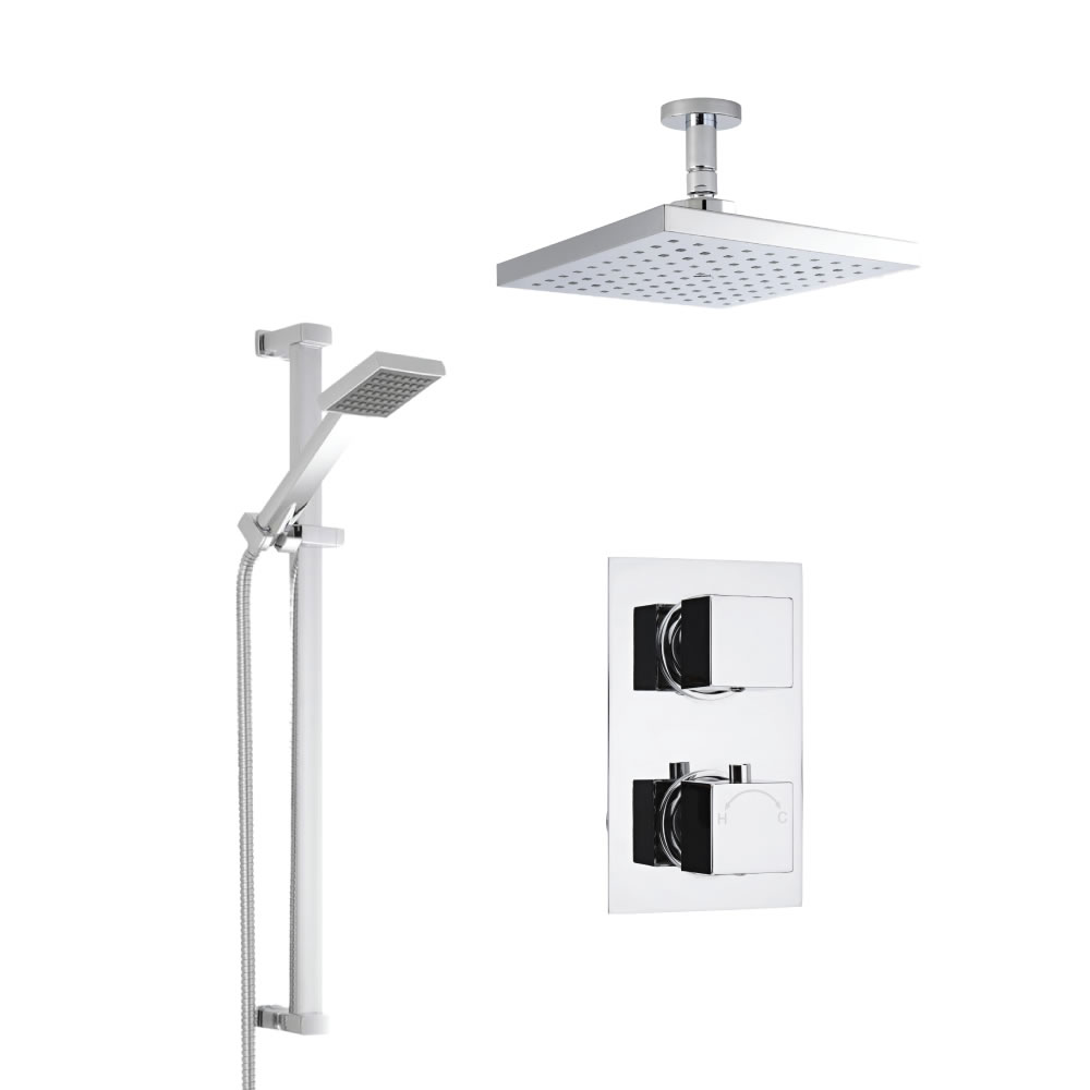 Milano Square Twin Thermostatic Shower Valve, Ceiling Mounted 200mm Head and Slide Rail Kit