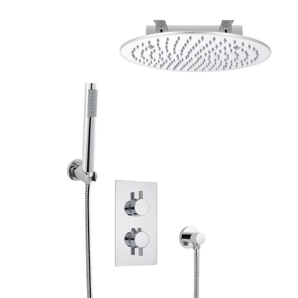 Milano Round Twin Diverter Thermostatic Valve, 400mm Recessed Head and Hand Shower