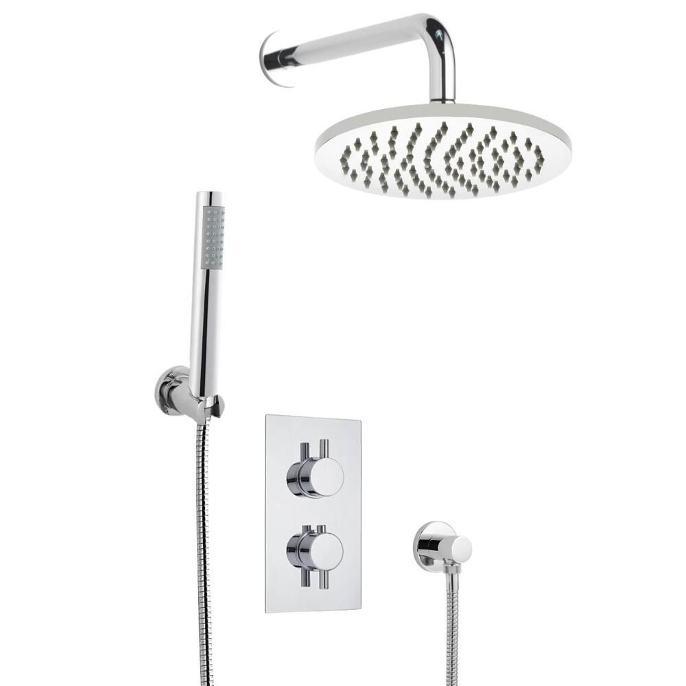 Milano Round Twin Diverter Thermostatic Valve, 200mm Shower Head, Wall Arm and Hand Shower