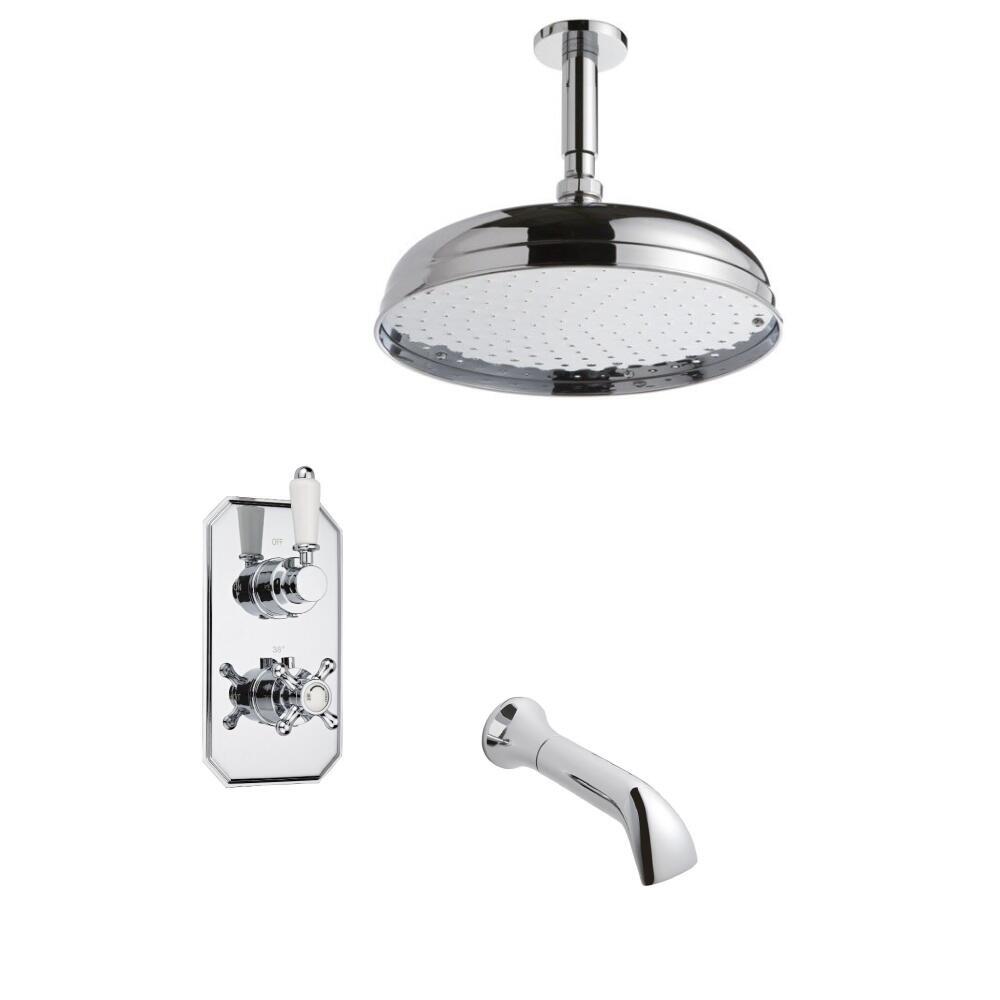 Milano Traditional Twin Diverter Thermostatic Valve, 300mm Head, Ceiling Arm and Spout