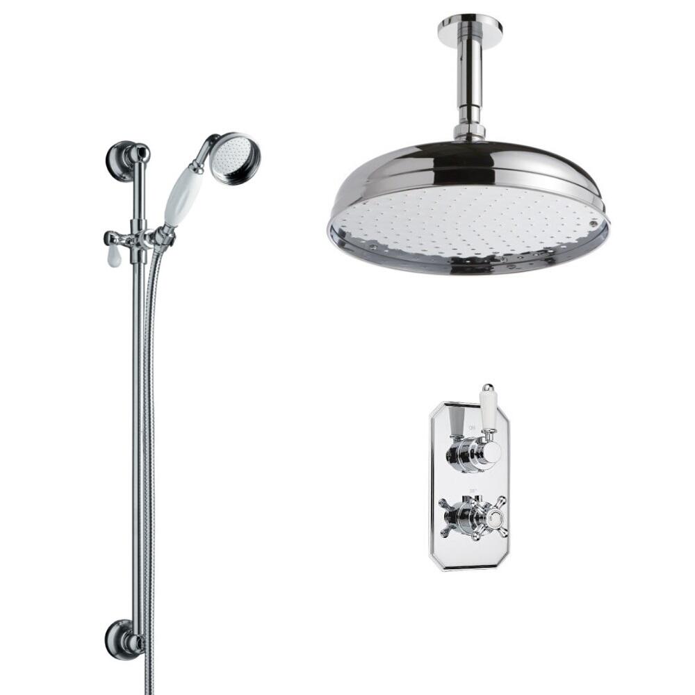 Milano Traditional Twin Diverter Thermostatic Valve, 300mm Head, Ceiling Arm and Slide Rail Kit