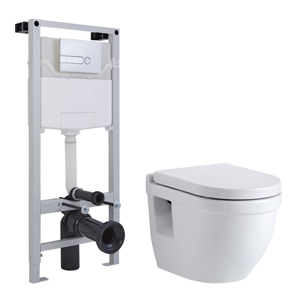 Milano Newby Wall Hung Toilet, Tall Wall Frame and Choice of Flush Plate