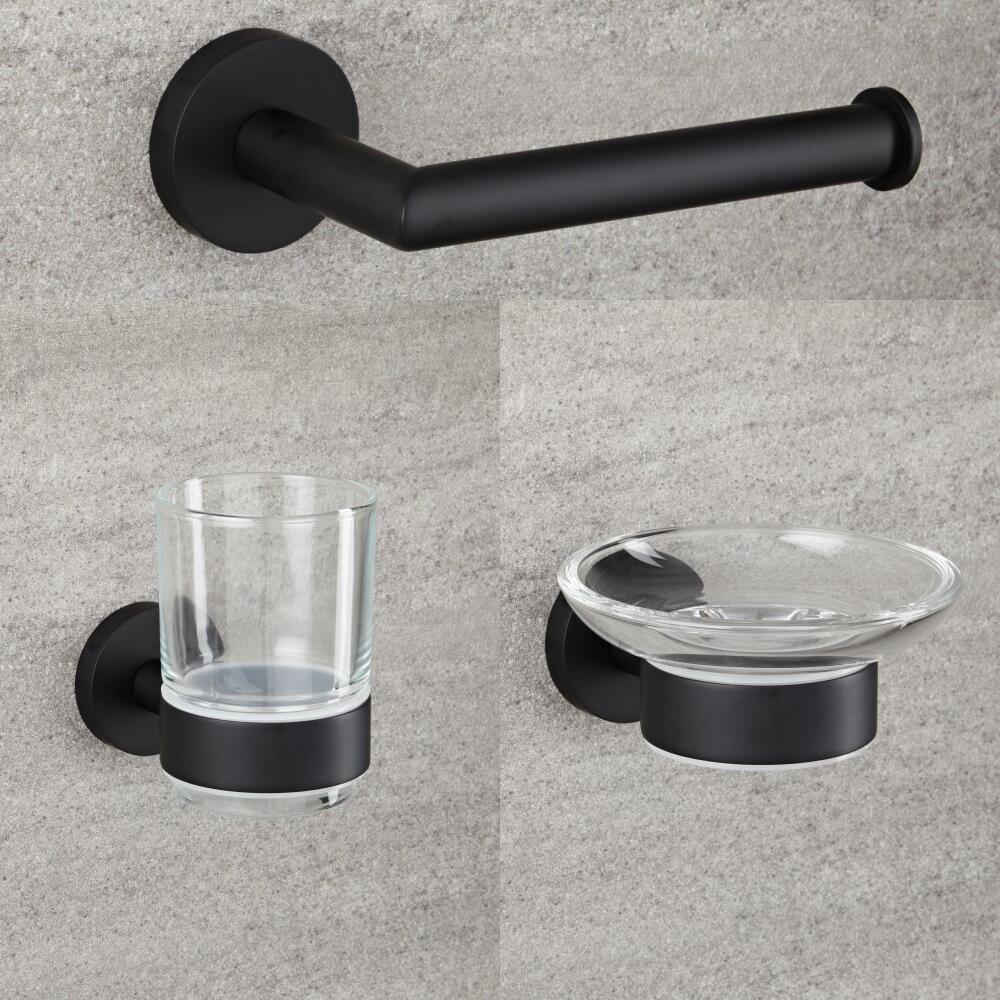 Milano Nero Black Modern 3 Piece Bathroom Accessory Set 8865