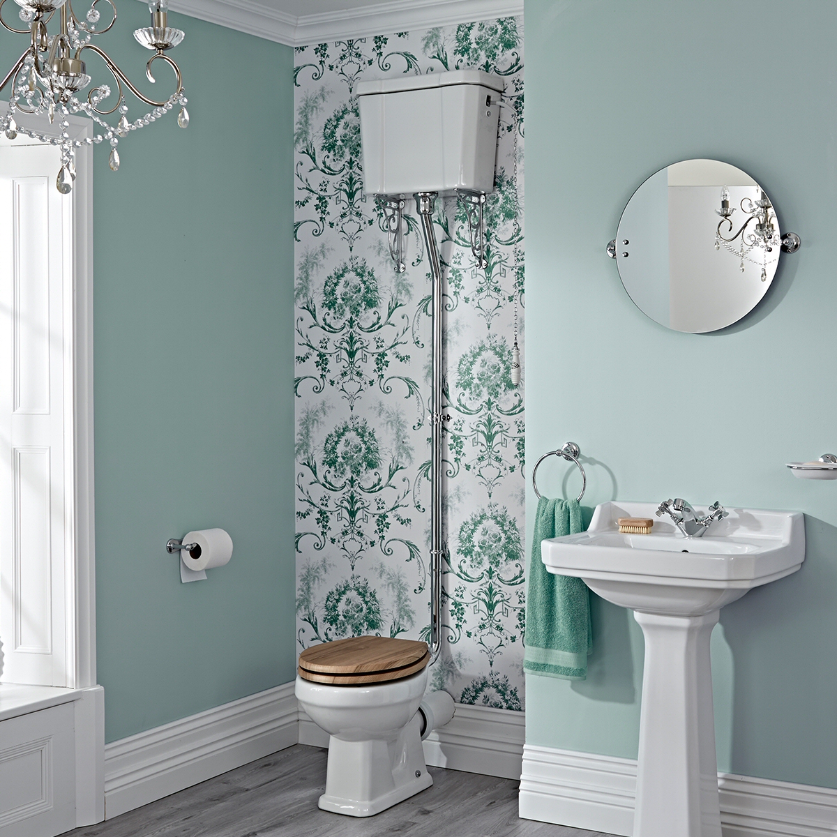 Milano Richmond - White Traditional Round Floor Standing Toilet Pan with High Level Cistern and Wooden Seat