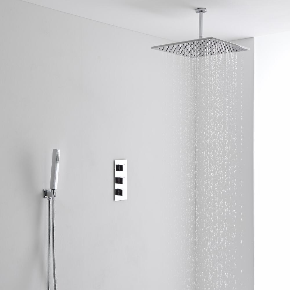 Milano 400mm Square Ceiling Mounted Head, Handset & Thermostatic Shower Mixer Kit