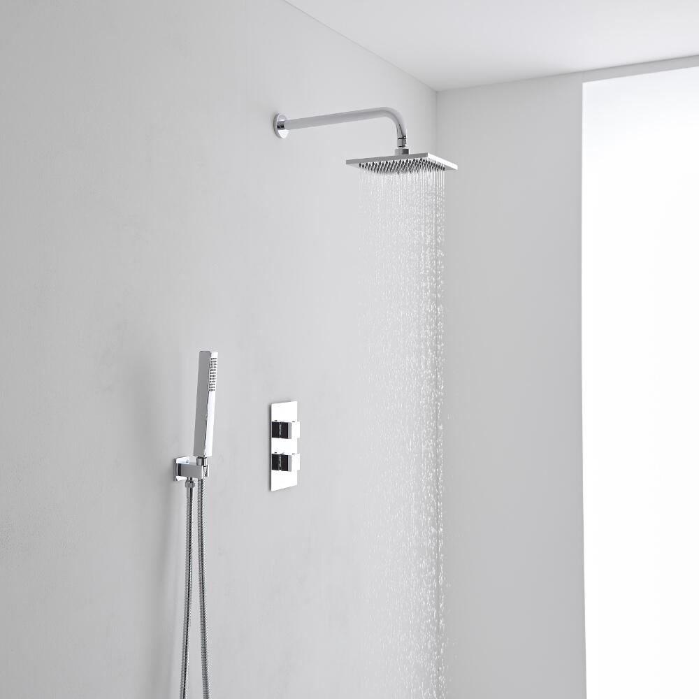 Milano 200mm Square Wall Mounted Head, Handset & Twin Thermostatic Shower Mixer Kit