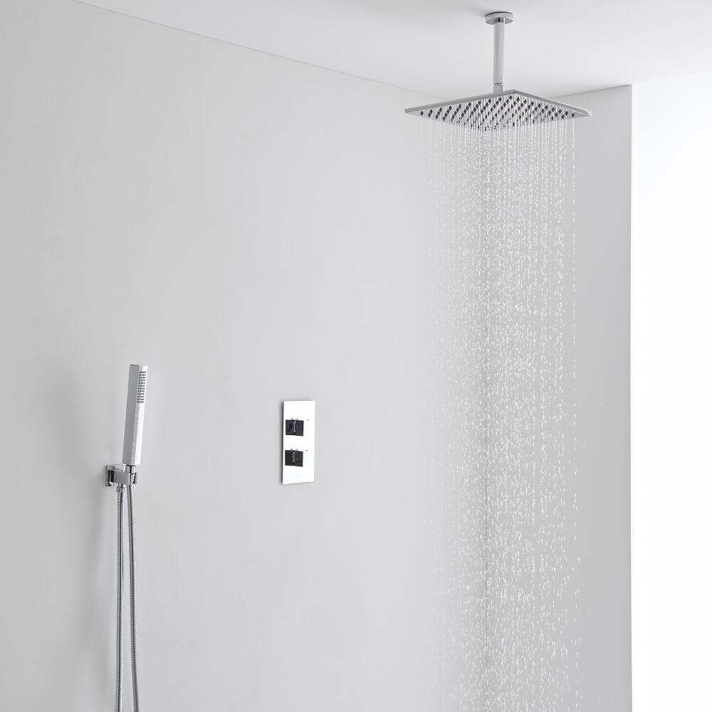 Milano 300mm Square Ceiling Mounted Head, Handset & Thermostatic Shower Mixer Kit