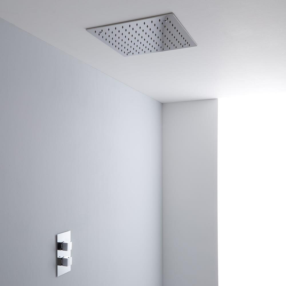 Milano 400mm Large Square Ceiling Tile Fixed Head & Thermostatic Shower Valve