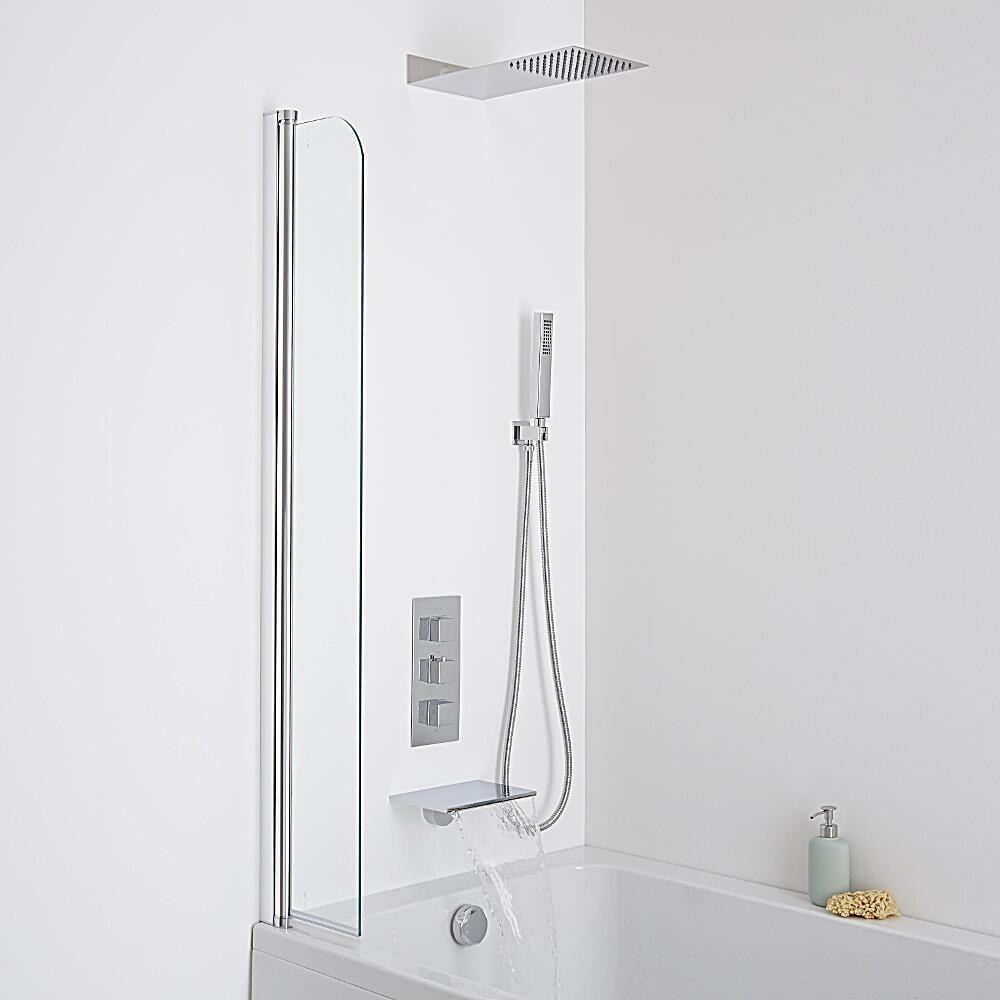 Milano Waterfall Bath Filler With Square Triple Diverter, Thermostatic Shower Valve & Head