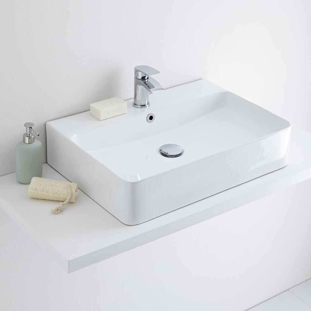 Milano Farrington - White Modern Rectangular Countertop Basin - 600mm x 420mm (1 Tap-Hole)