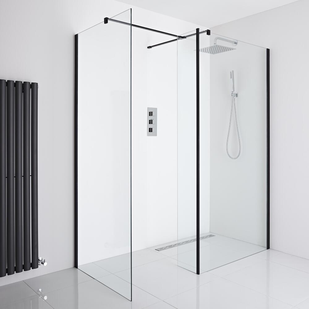 Milano Nero Corner Wet-Room Shower Enclosure (1200mm x 800mm Glass) - Inc. Drain & Return Panel
