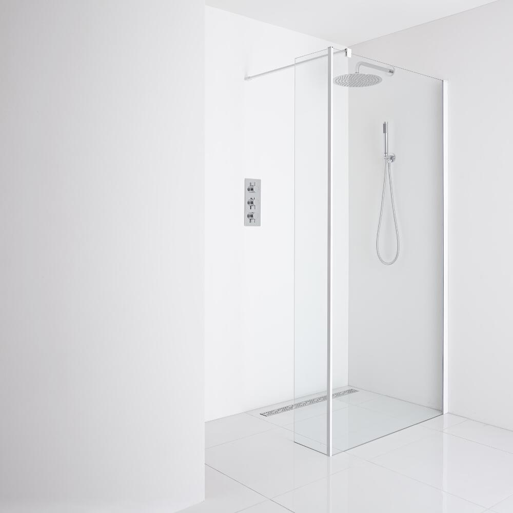 Milano Bianco Recessed Wet-Room Shower Enclosure (1200mm Glass) - Inc. Drain & Return Panel