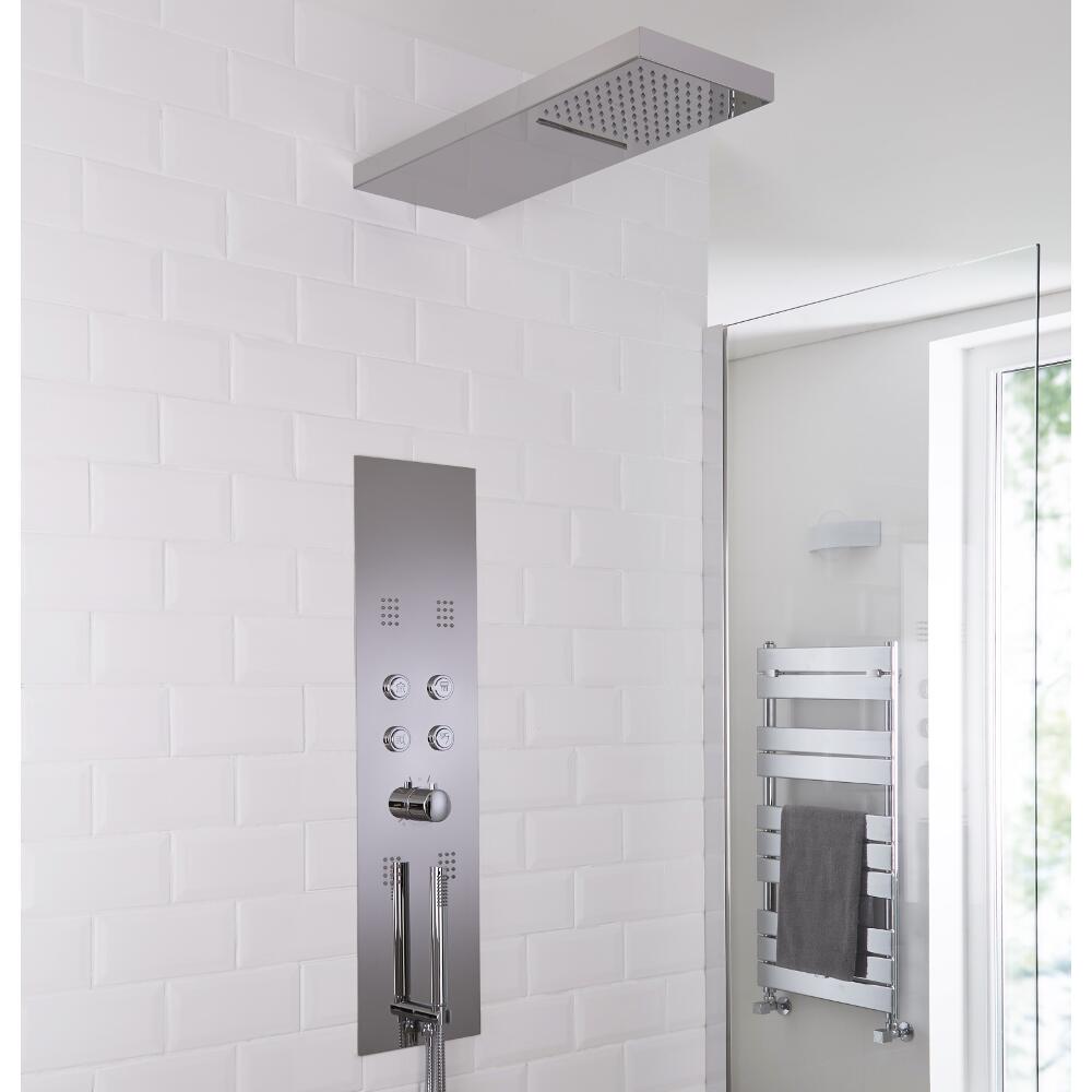 Milano Dakota - Modern Concealed Thermostatic Shower Tower Panel with Waterfall and Blade Shower Head, Hand Shower and Body Jets - Chrome