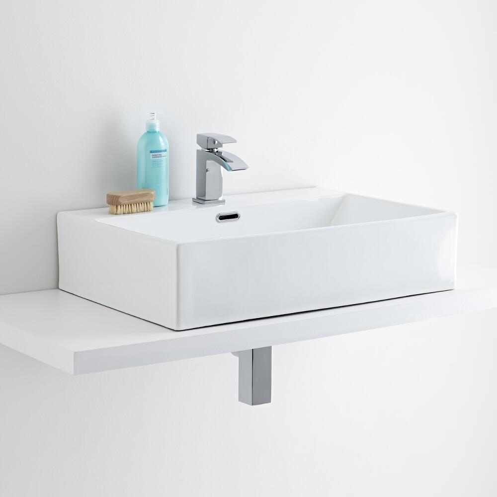 Milano Elswick - White Modern Rectangular Countertop Basin with Mini Mixer Tap - 600mm x 420mm (1 Tap-Hole)