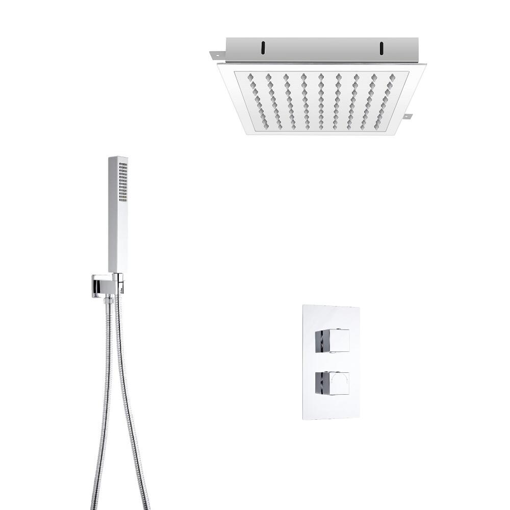 Milano Square Twin Diverter Thermostatic Valve, 280mm Recessed Head and Hand Shower
