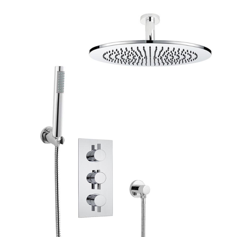 Milano Round Triple Thermostatic Shower Valve With 300mm Shower Head, Ceiling Arm and Hand Shower