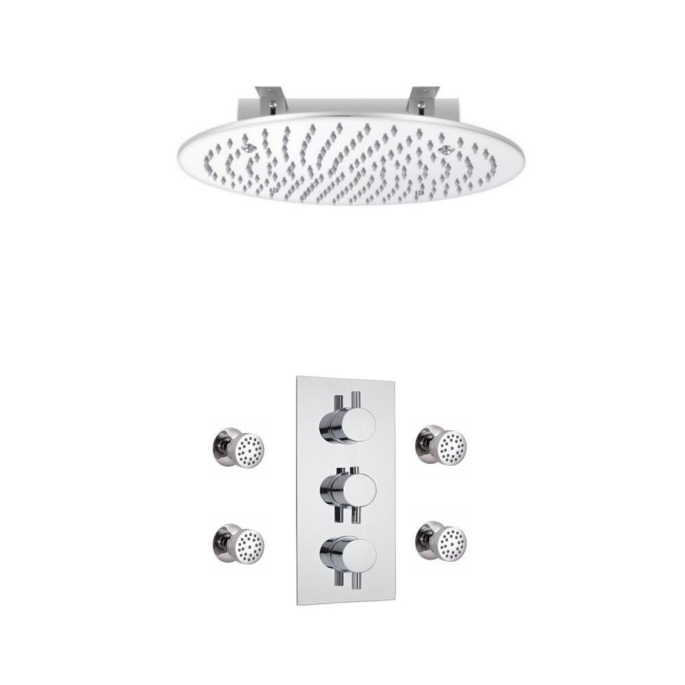 Milano Round Triple Thermostatic Valve, 400mm Recessed Shower Head and Body Jets