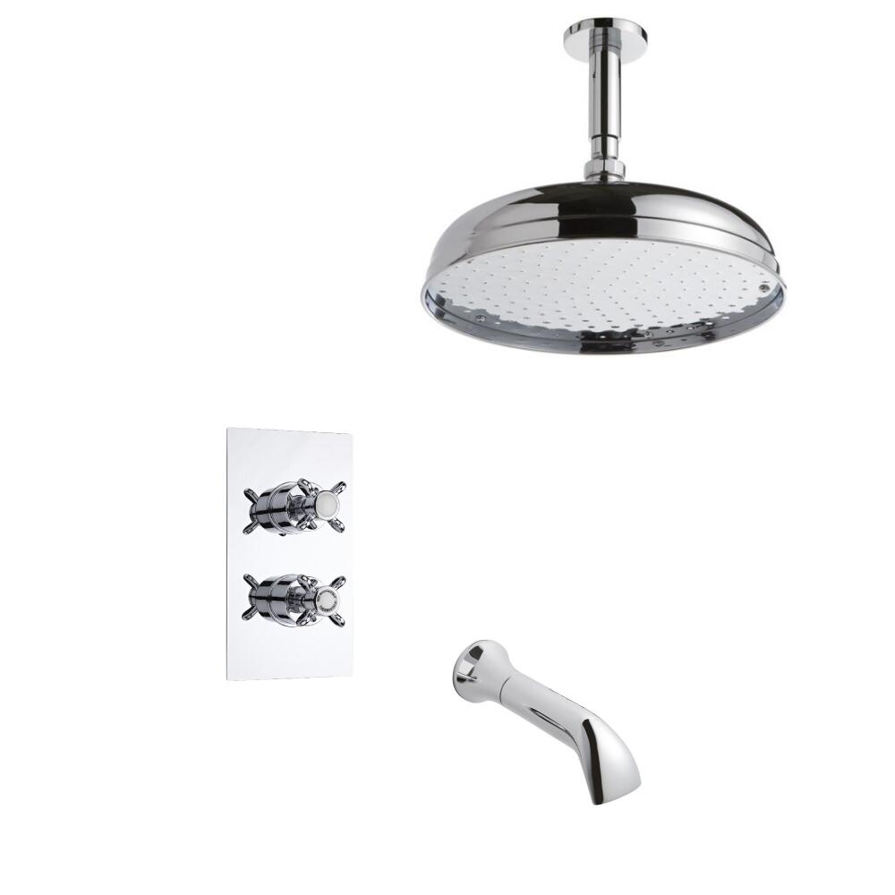 Milano Twin Diverter Traditional Thermostatic Valve, 300mm Head, Spout and Ceiling Arm