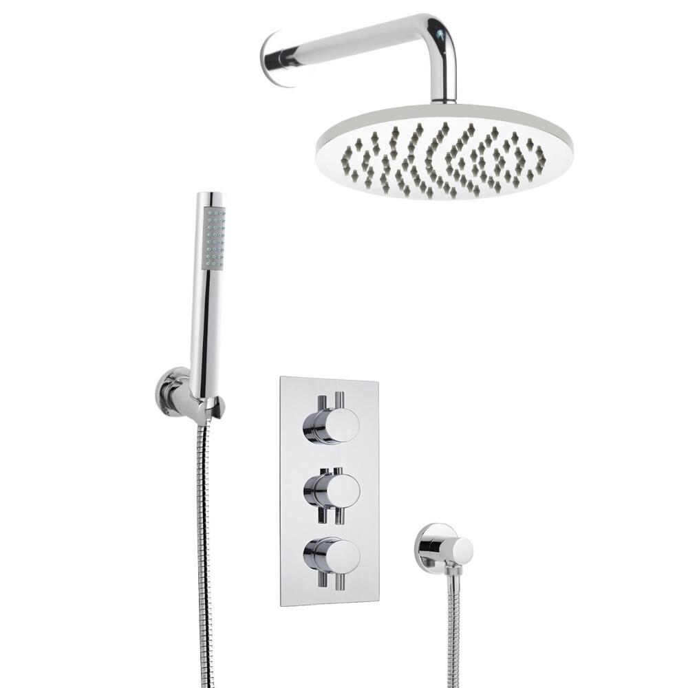 Milano Round Triple Thermostatic Shower Valve With 200mm Shower Head, Wall Arm and Hand Shower