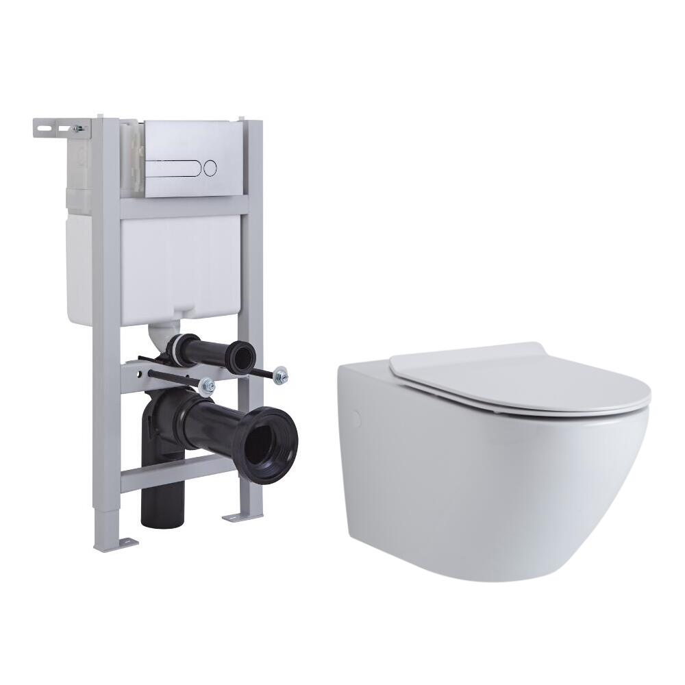 Milano Overton Wall Hung Toilet, Short Wall Frame and Choice of Flush Plate