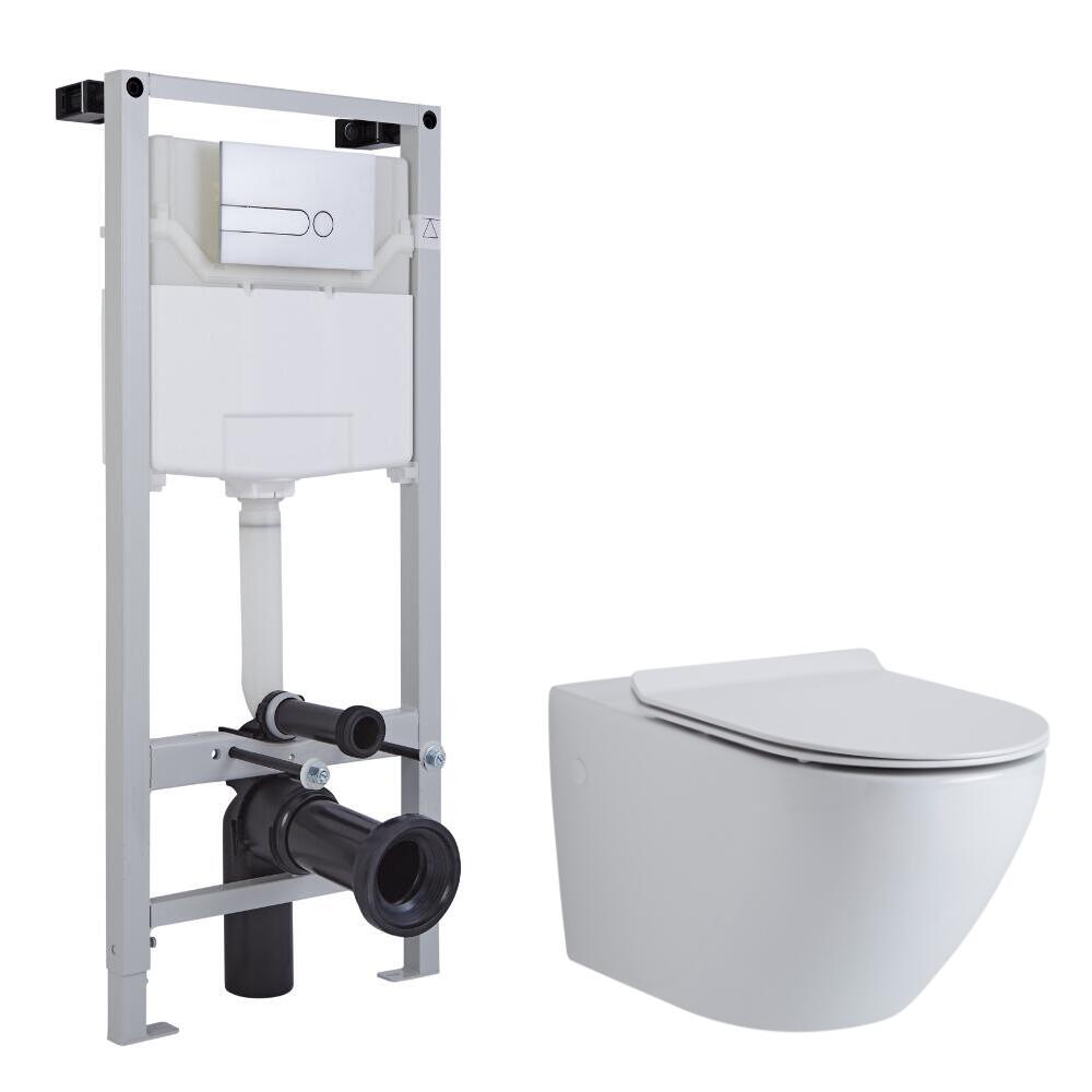 Milano Overton Wall Hung Toilet Tall Wall Frame and Choice of Flush Plate
