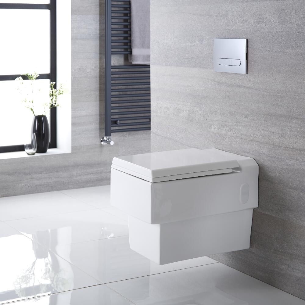 Milano Westby - White Modern Square Wall Hung Toilet with Soft Close Seat - 410mm x 355mm