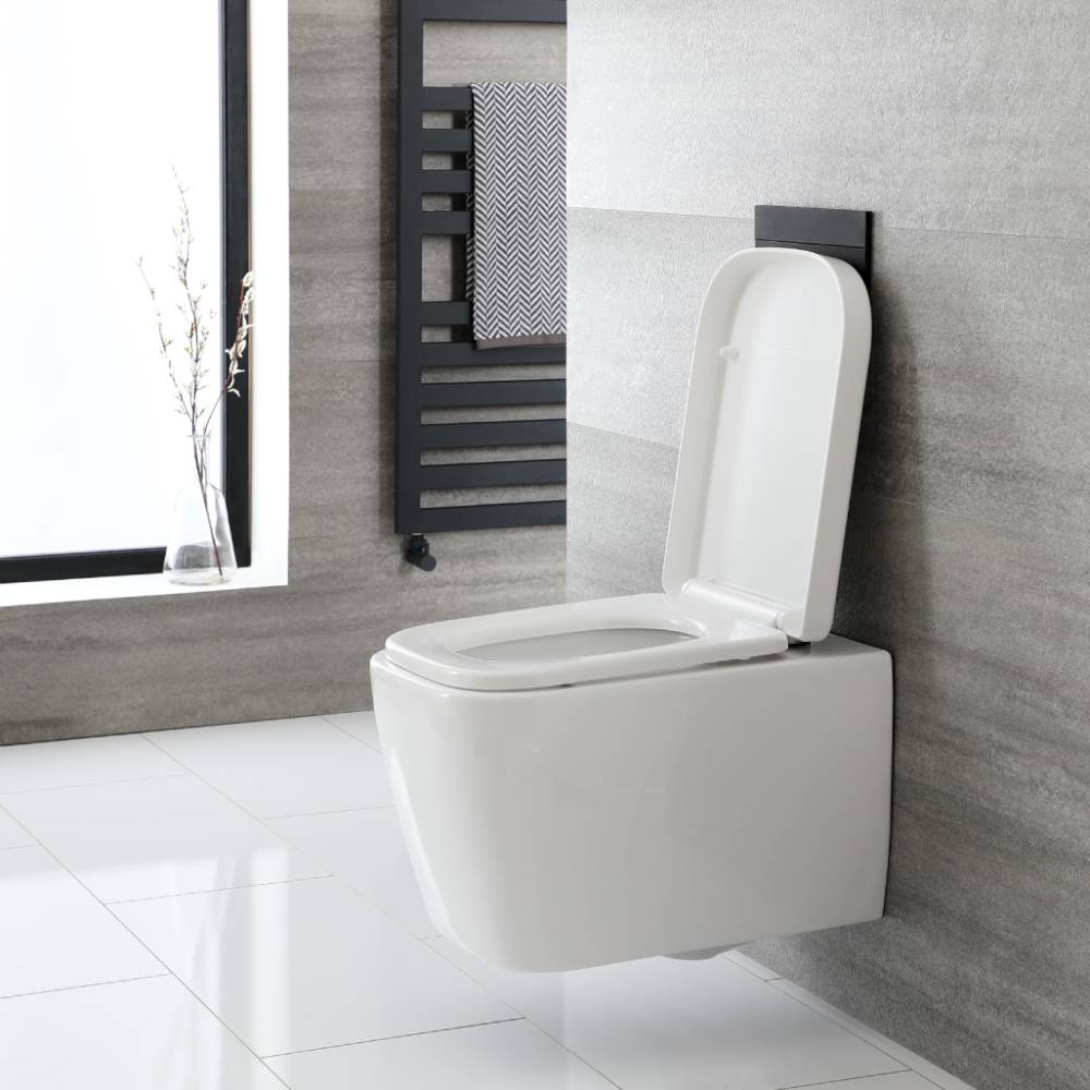 Milano Longton - White Modern Square Wall Hung Toilet with Soft Close Seat